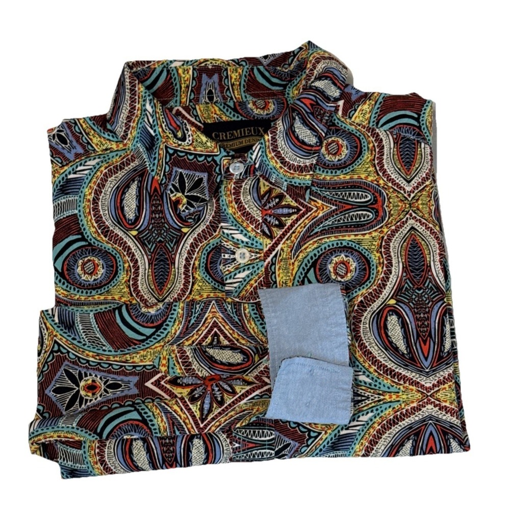 Cremieux Premium Denim Paisley Button Down Shirt Men's L Flip Cuff  EUC